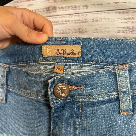 See Thru Soul Denim Jeans Crop Wide Leg Embroidered Rhinestones Boho Size 30 - Picture 8 of 13